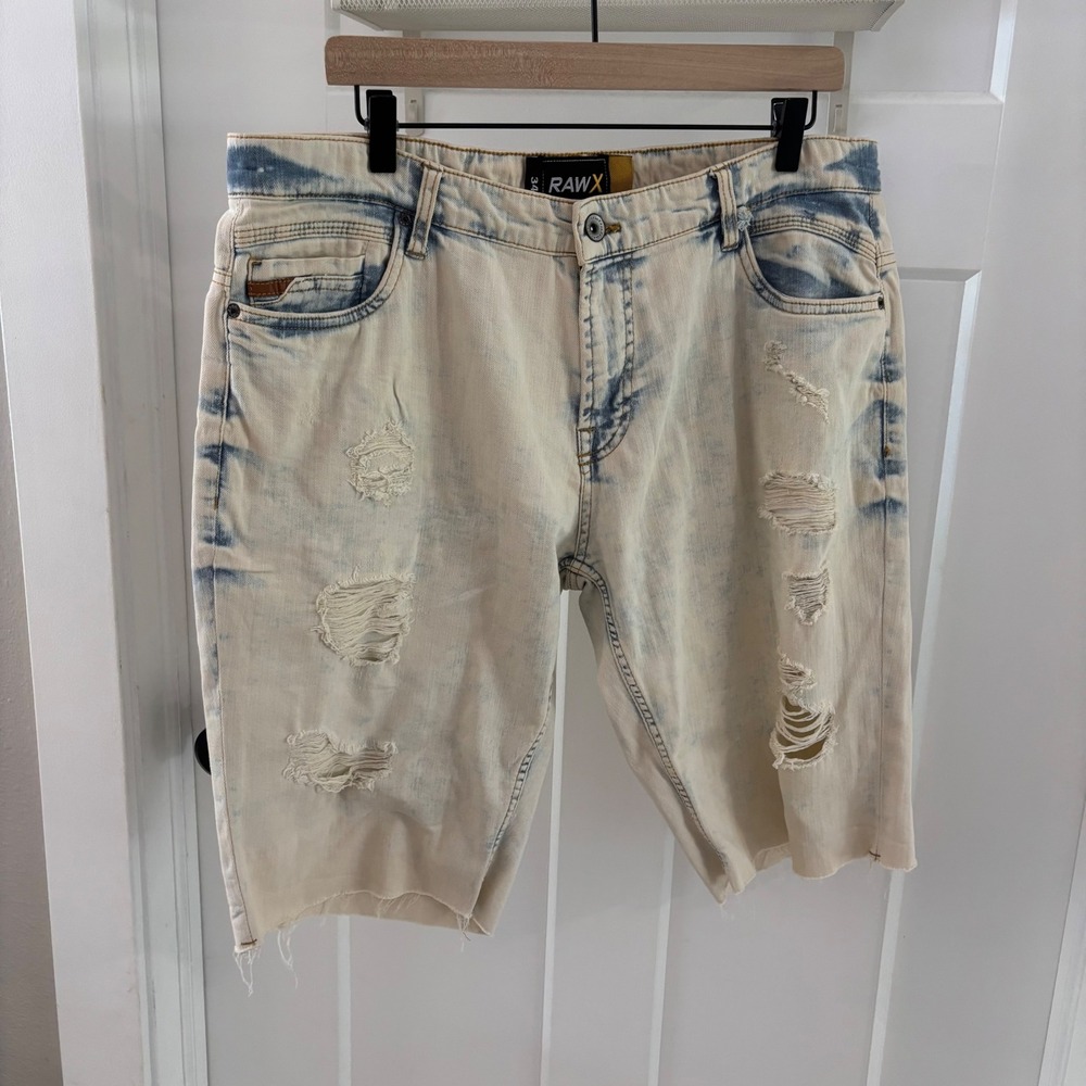 RAWX Mens Denim Shorts Size 34 Distressed Ripped Bleach Wash Cutoff‎ Jean EUC